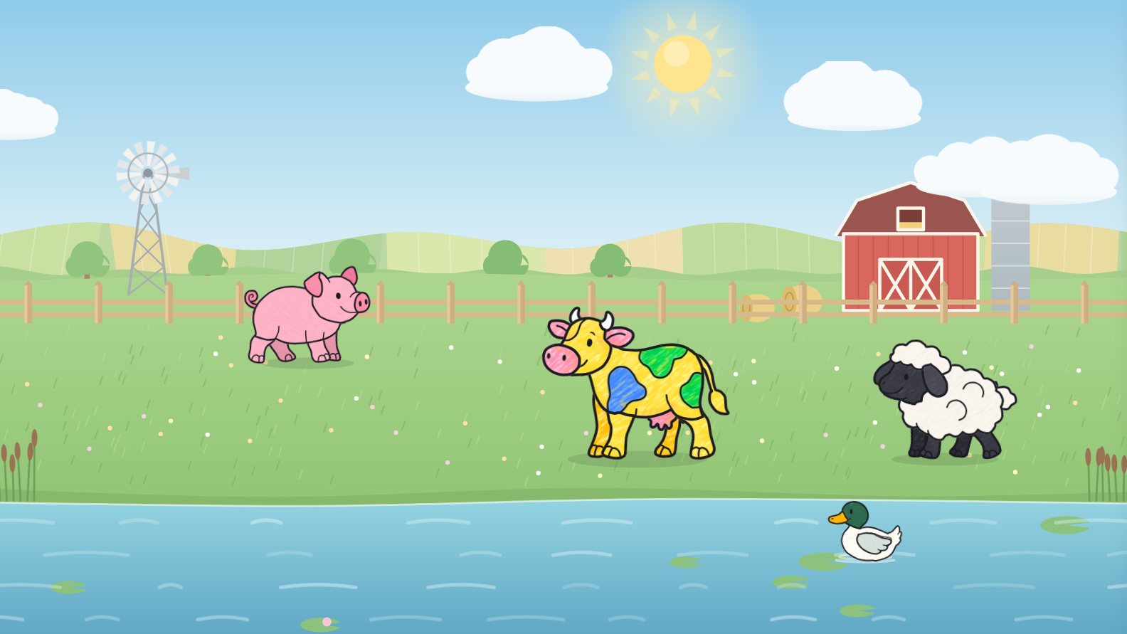 On the big screen, the same yellow cow with green and blue spots stands in the farm scene, with a pig, a sheep and a duck on the pond.