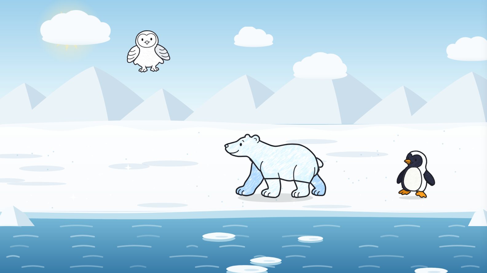 On the big screen, the same pale blue polar bear walks on the snow, with a penguin and a snowy owl.