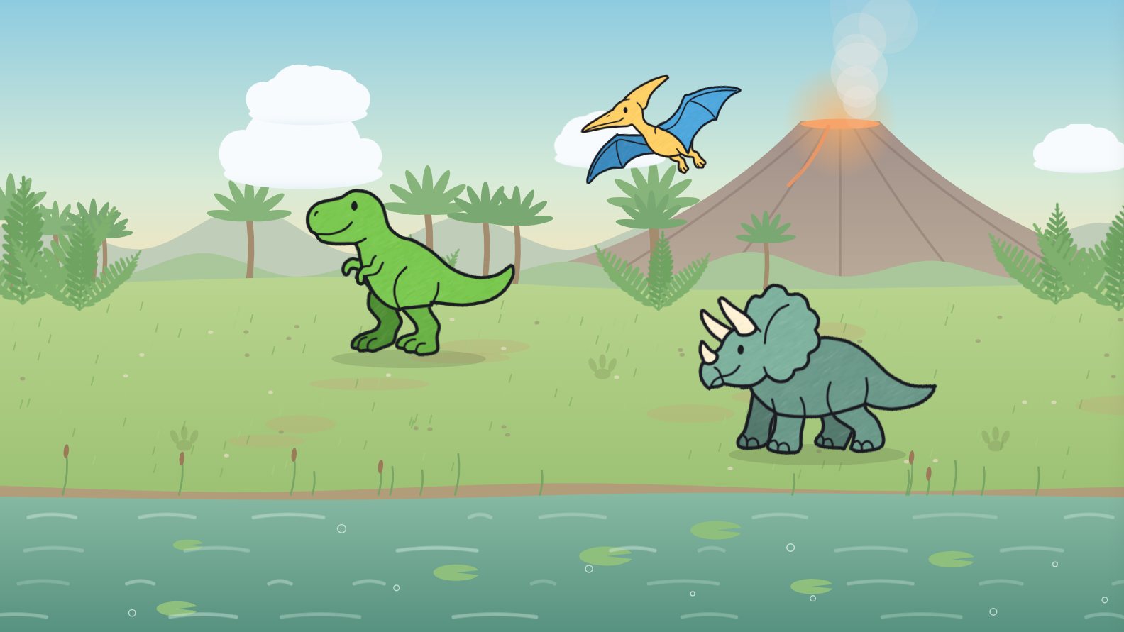Dinosaurs on the big screen: a green T. rex, a triceratops and a pteranodon by a smoking volcano.
