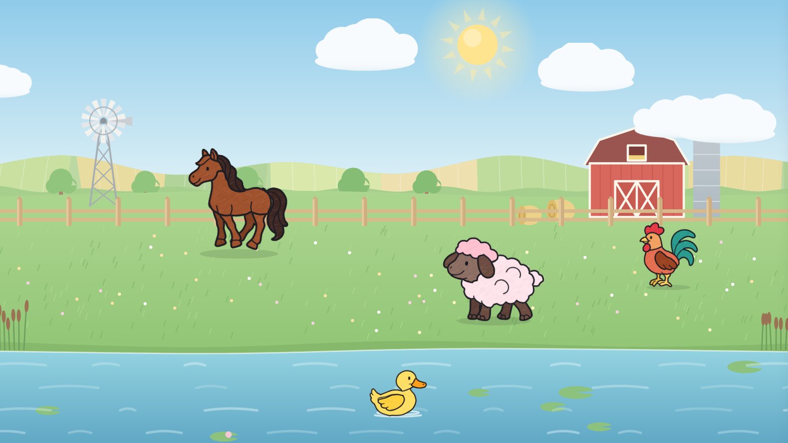 The Farm on the big screen: a horse, a sheep and a rooster by the red barn, with a duck on the pond.