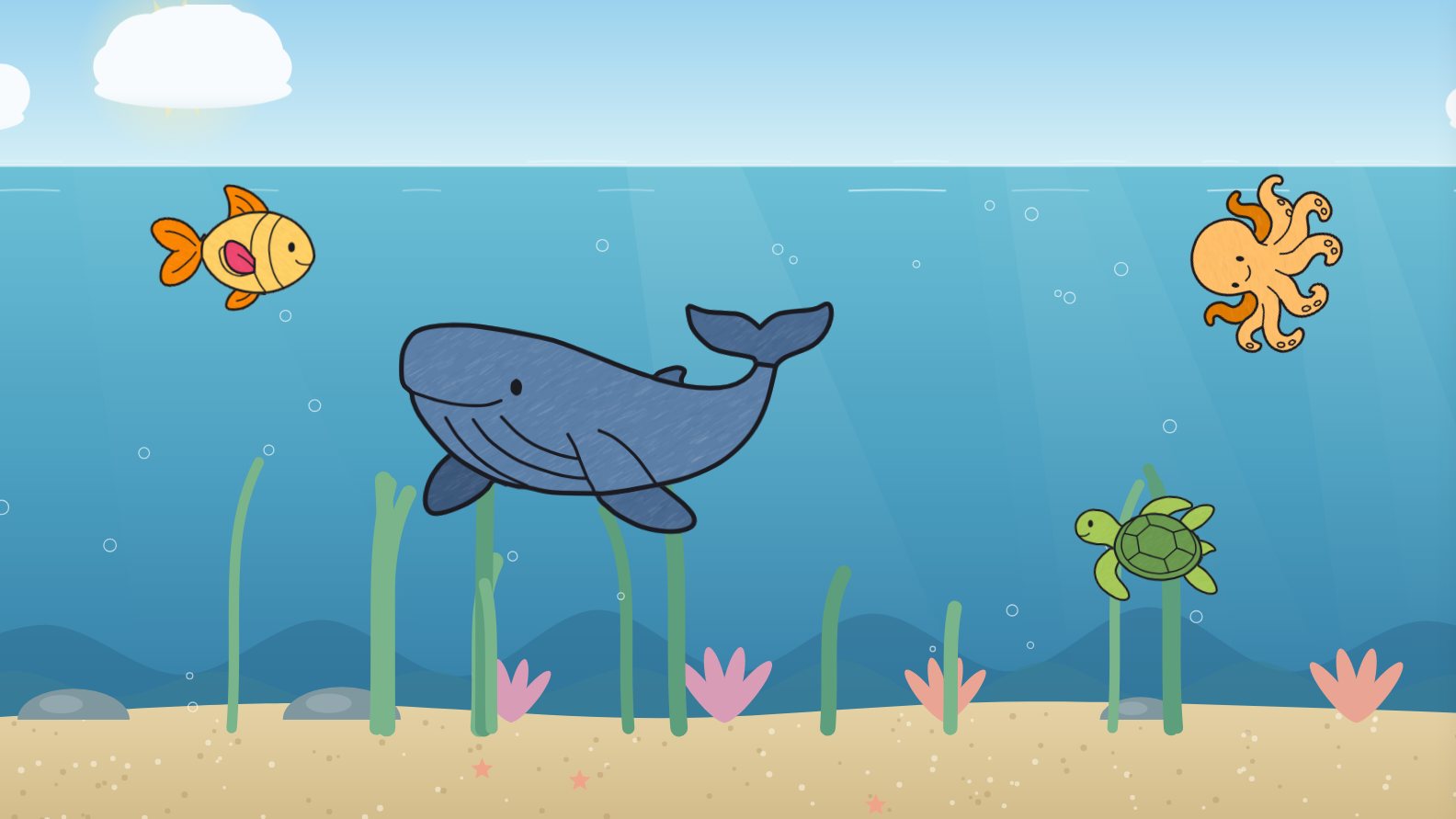 Under the Sea on the big screen: a blue whale, a sea turtle, a fish and an octopus over a sandy reef.