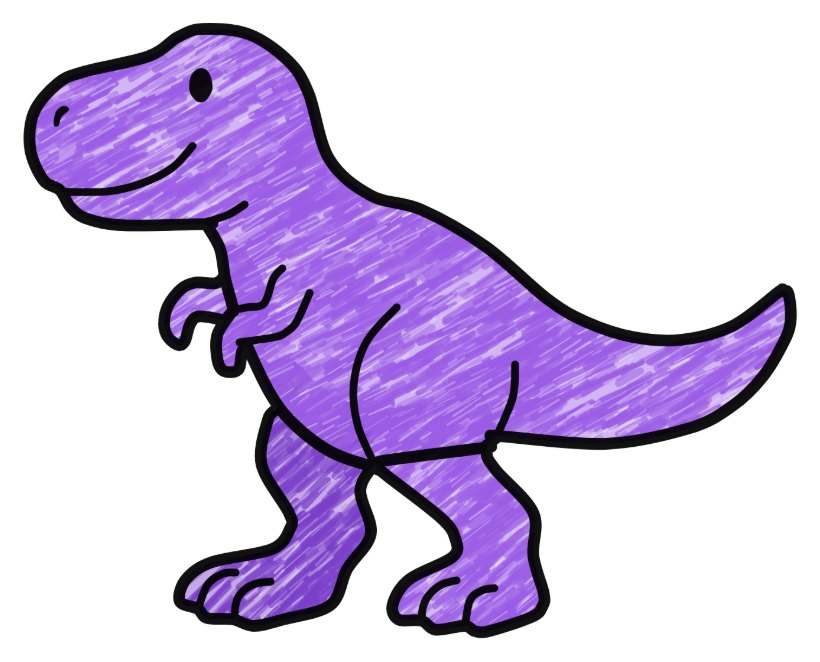 A child’s crayon colouring of a T. rex, all in purple.