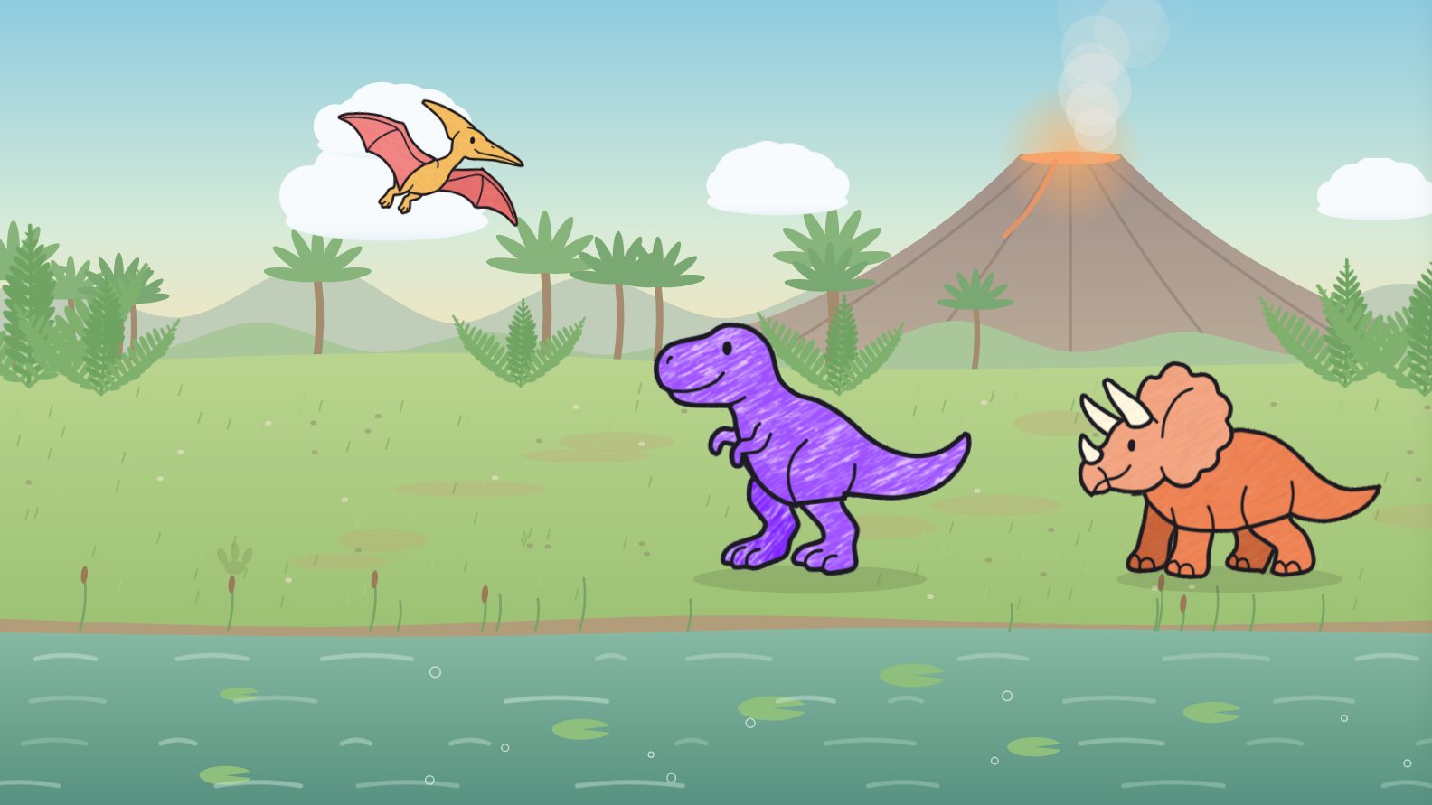 On the big screen, the same purple T. rex stands by the volcano, with a triceratops and a flying pteranodon.