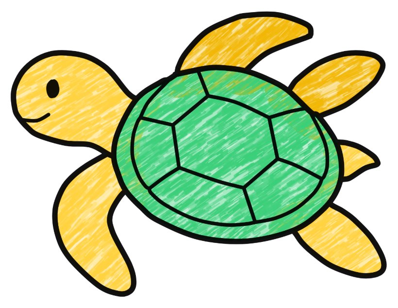 A child’s crayon colouring of a sea turtle: a green shell with yellow flippers.