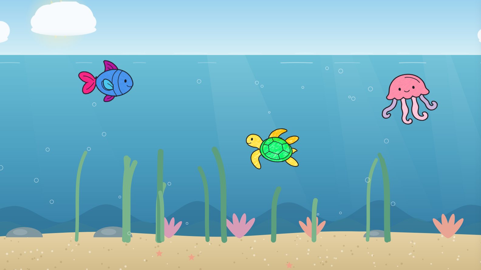On the big screen, the same green and yellow sea turtle swims over the reef, with a fish and a jellyfish.